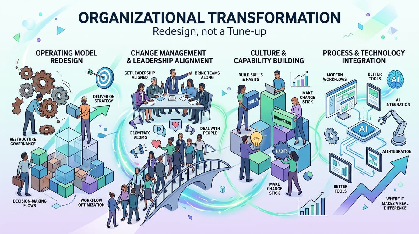 Organizational Transformation — people collaborating around layered platforms with culture, process, and technology elements