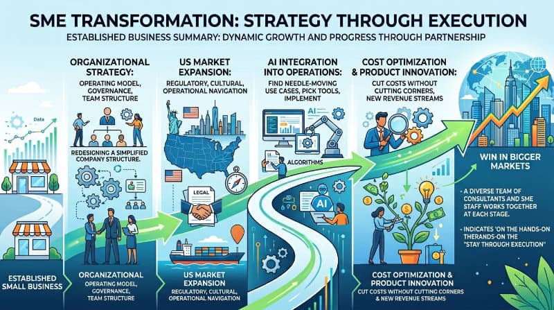 SME Transformation — people collaborating around layered platforms with culture, process, and technology elements
